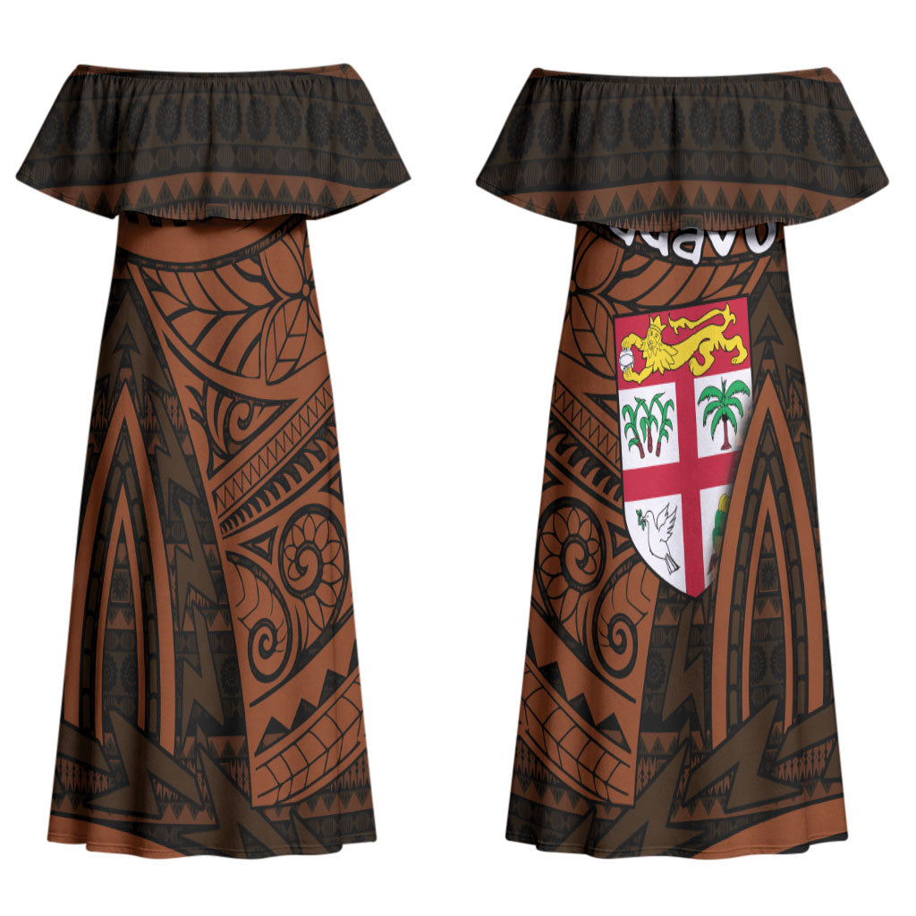 Straight Outta Kadavu Fiji Couples Matching Off Shoulder Maxi Dress and Long Sleeve Button Shirt Tribal Polynesian Tattoo Coat Of Arms Flag