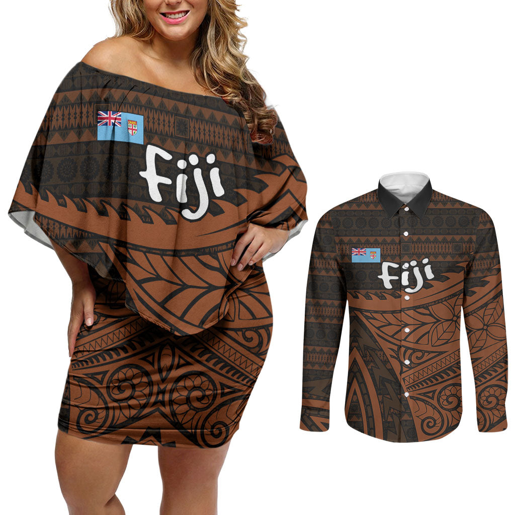 Straight Outta Kadavu Fiji Couples Matching Off Shoulder Short Dress and Long Sleeve Button Shirt Tribal Polynesian Tattoo Coat Of Arms Flag