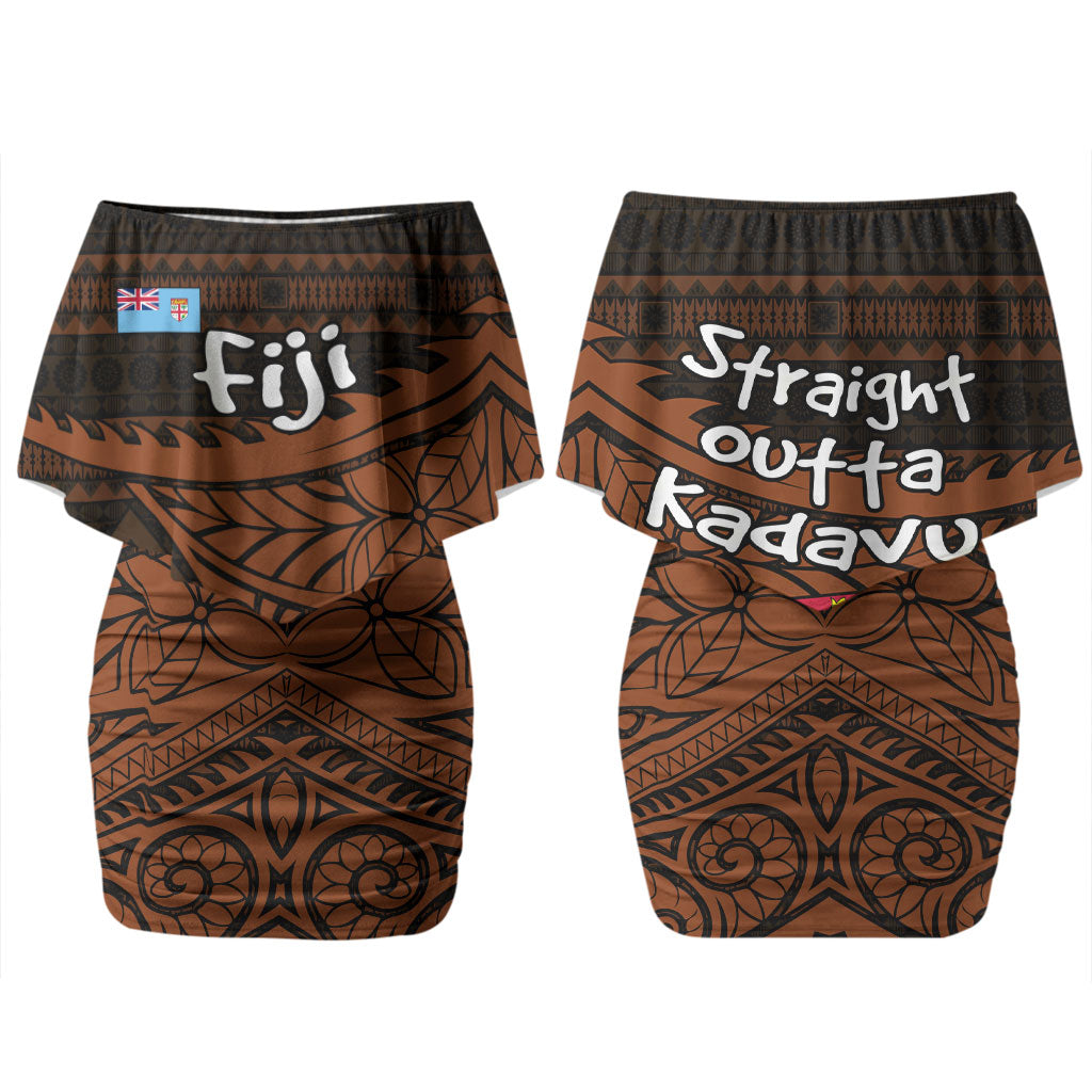 Straight Outta Kadavu Fiji Couples Matching Off Shoulder Short Dress and Long Sleeve Button Shirt Tribal Polynesian Tattoo Coat Of Arms Flag