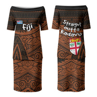 Straight Outta Kadavu Fiji Couples Matching Puletasi and Long Sleeve Button Shirt Tribal Polynesian Tattoo Coat Of Arms Flag