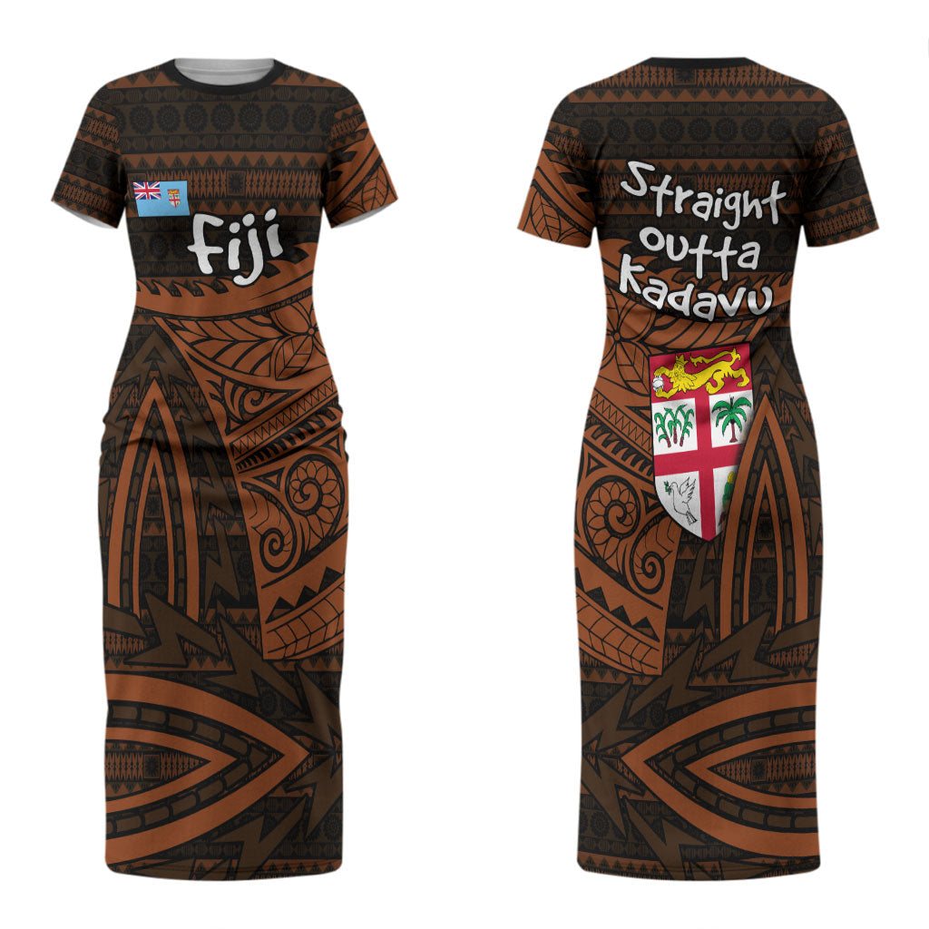 Straight Outta Kadavu Fiji Couples Matching Short Sleeve Bodycon Dress and Long Sleeve Button Shirt Tribal Polynesian Tattoo Coat Of Arms Flag