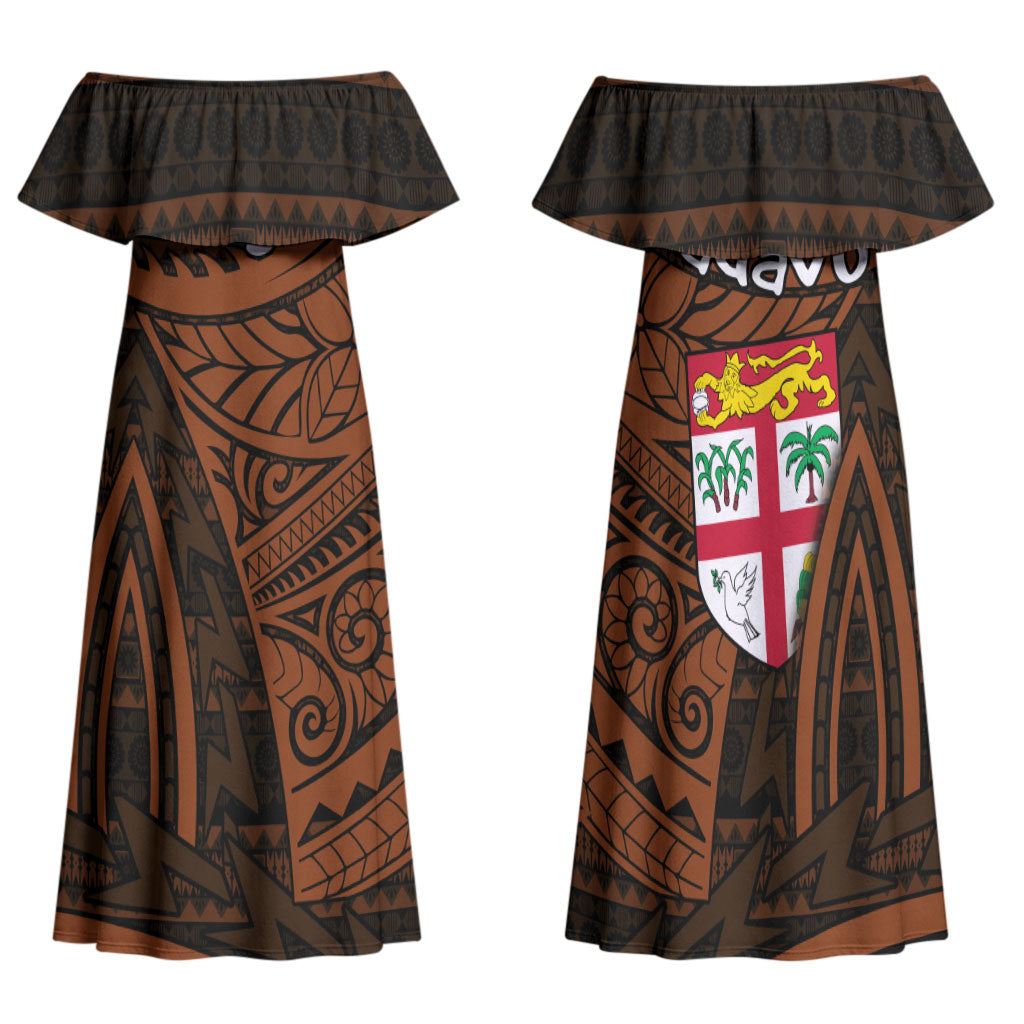 Straight Outta Kadavu Fiji Family Matching Off Shoulder Maxi Dress and Hawaiian Shirt Tribal Polynesian Tattoo Coat Of Arms Flag
