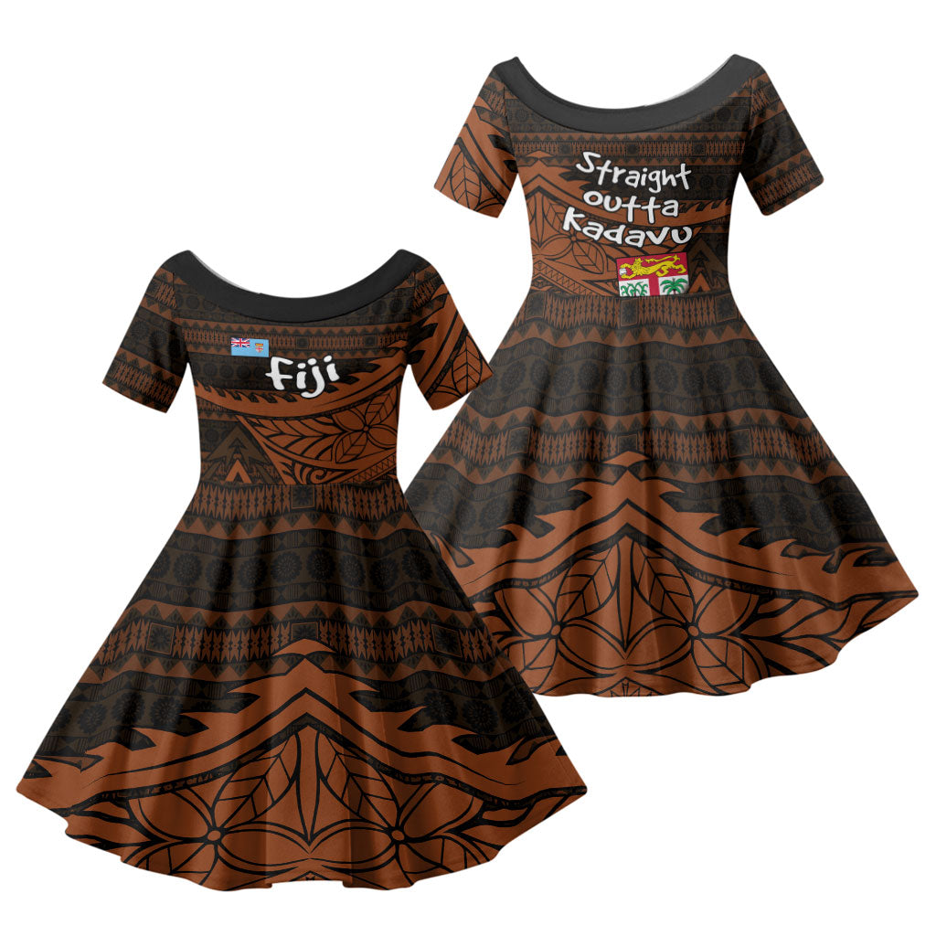 Straight Outta Kadavu Fiji Family Matching Off Shoulder Maxi Dress and Hawaiian Shirt Tribal Polynesian Tattoo Coat Of Arms Flag