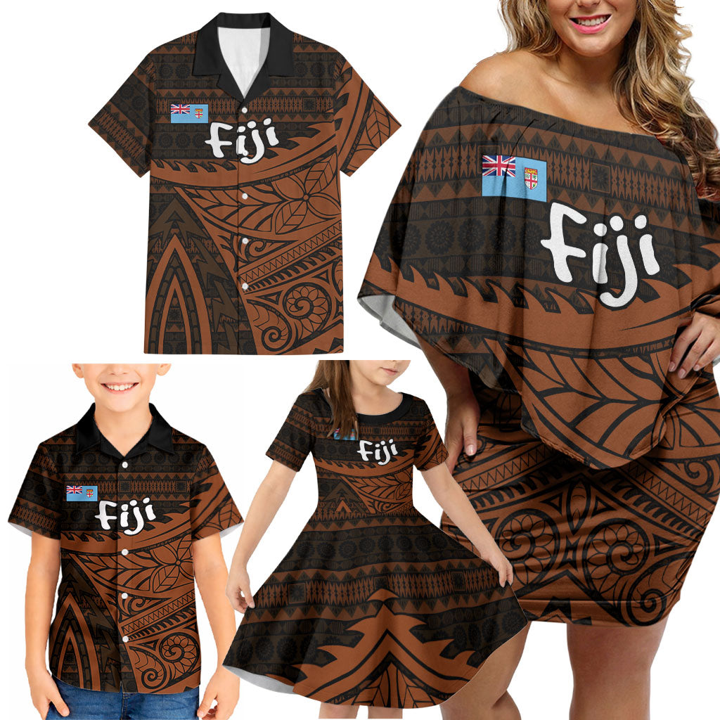 Straight Outta Kadavu Fiji Family Matching Off Shoulder Short Dress and Hawaiian Shirt Tribal Polynesian Tattoo Coat Of Arms Flag