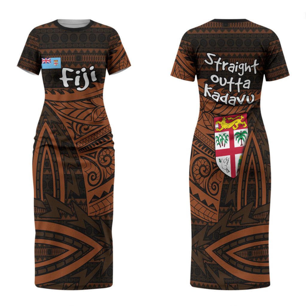 Straight Outta Kadavu Fiji Family Matching Short Sleeve Bodycon Dress and Hawaiian Shirt Tribal Polynesian Tattoo Coat Of Arms Flag