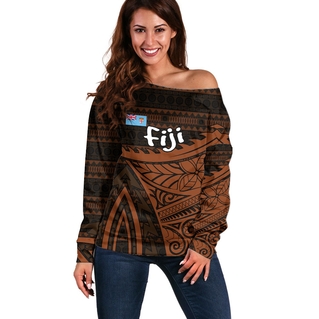 Straight Outta Kadavu Fiji Off Shoulder Sweater Tribal Polynesian Tattoo Coat Of Arms Flag
