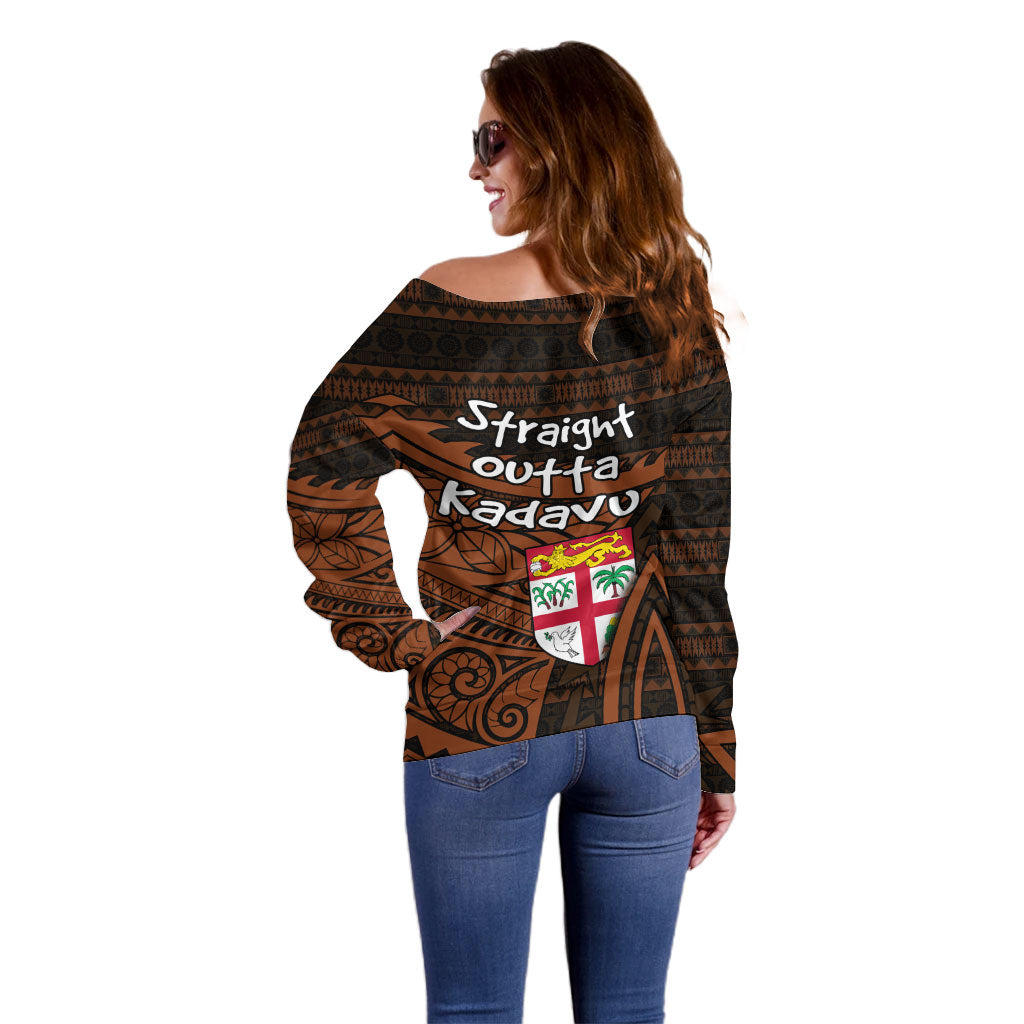 Straight Outta Kadavu Fiji Off Shoulder Sweater Tribal Polynesian Tattoo Coat Of Arms Flag
