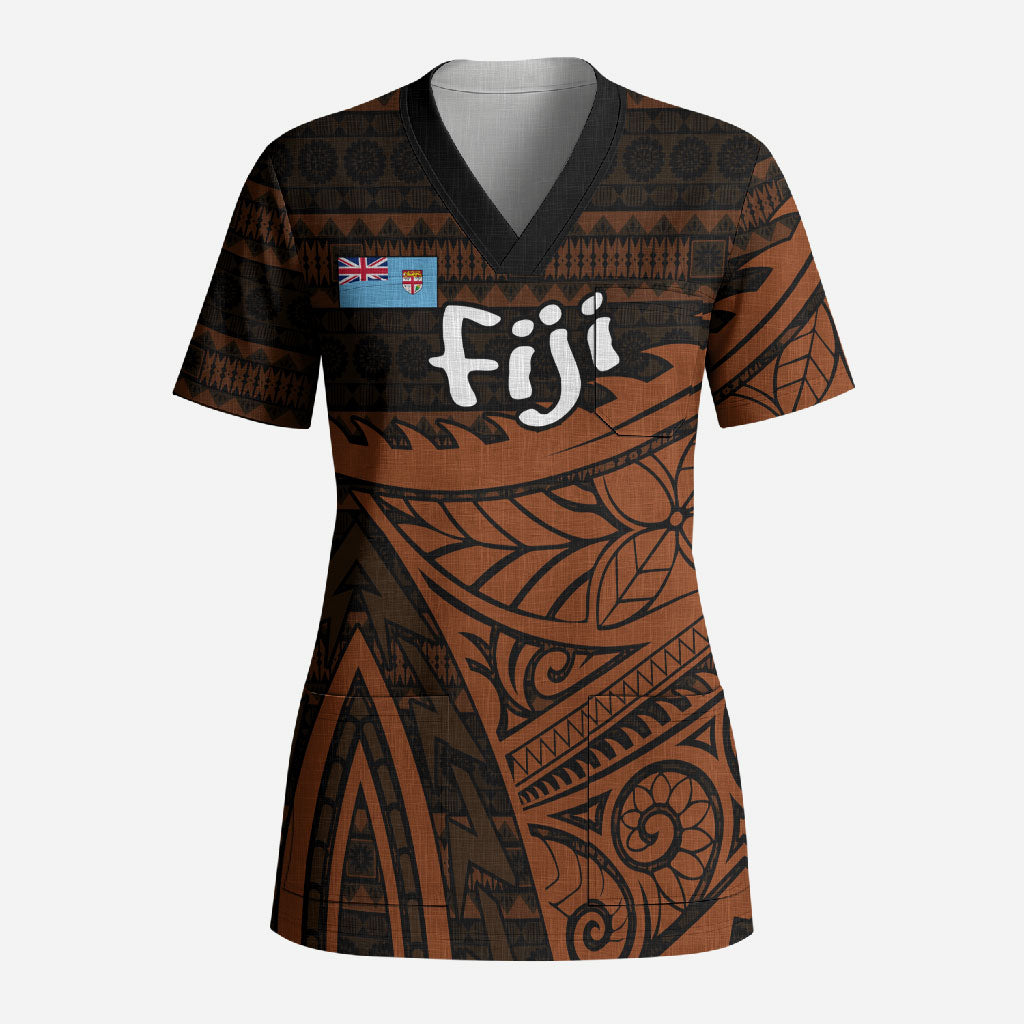 Straight Outta Kadavu Fiji Scrub Top Tribal Polynesian Tattoo Coat Of Arms Flag