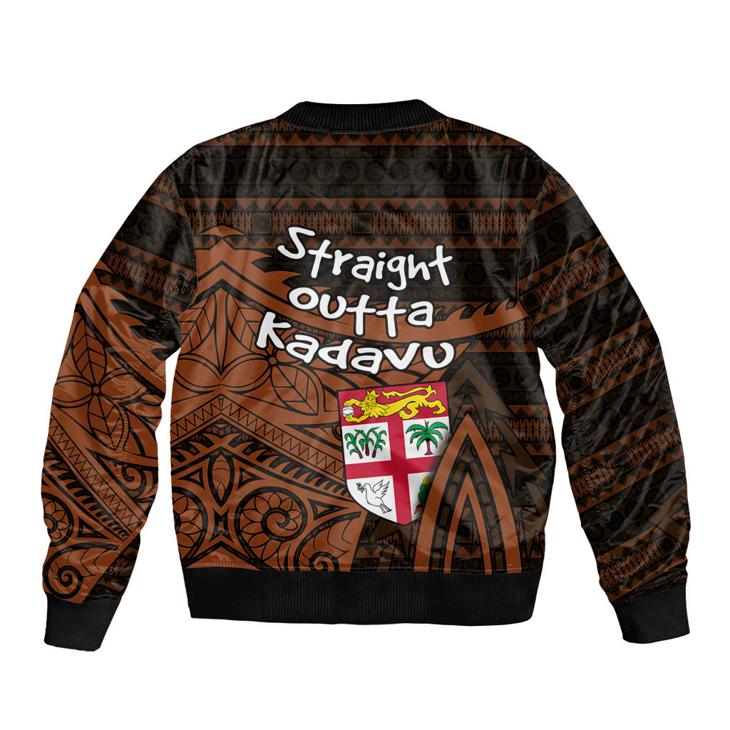 Straight Outta Kadavu Fiji Sleeve Zip Bomber Jacket Tribal Polynesian Tattoo Coat Of Arms Flag