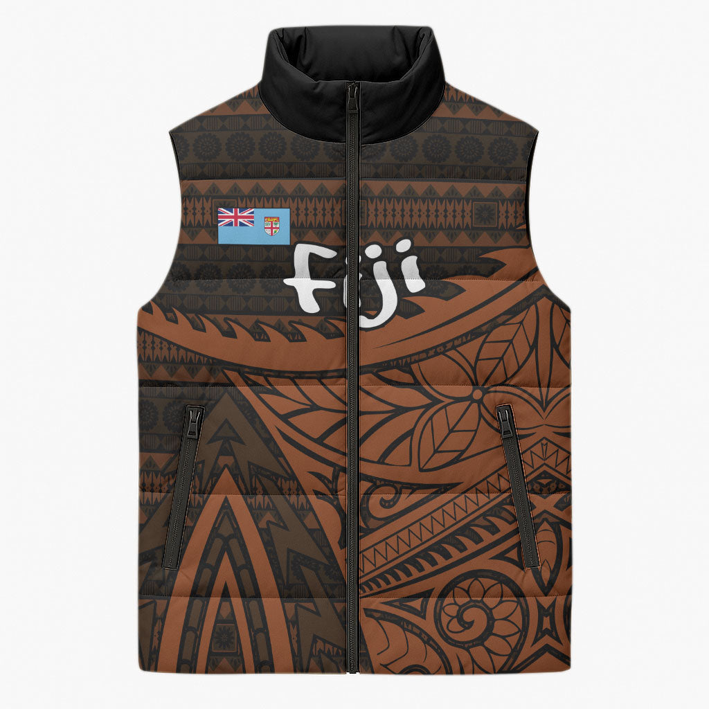 Straight Outta Kadavu Fiji Sleeveless Puffer Jacket Tribal Polynesian Tattoo Coat Of Arms Flag TS04 Unisex Brown Black - Polynesian Pride