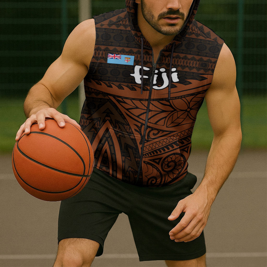 Straight Outta Kadavu Fiji Sleeveless Zip Hoodie Tribal Polynesian Tattoo Coat Of Arms Flag
