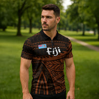 Straight Outta Kadavu Fiji Zipper Polo Shirt Tribal Polynesian Tattoo Coat Of Arms Flag