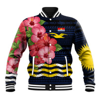 Kiribati Baseball Jacket Tropical Pink Hibiscus Flowers Polynesian Tribal TS04 Unisex Blue Black - Polynesian Pride