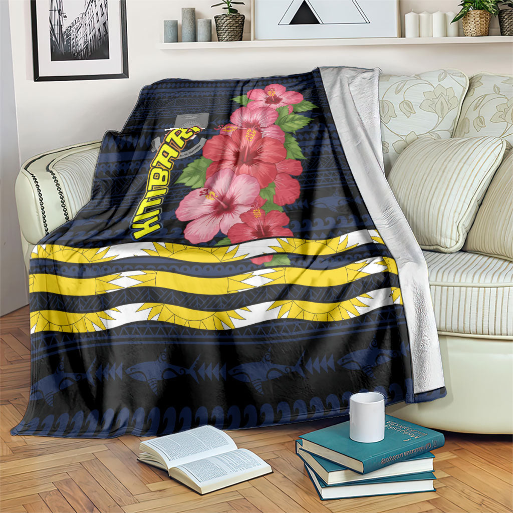 Kiribati Blanket Tropical Pink Hibiscus Flowers Polynesian Tribal TS04 Blue Black - Polynesian Pride