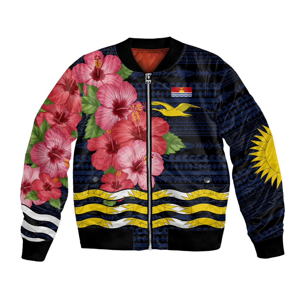 Kiribati Bomber Jacket Tropical Pink Hibiscus Flowers Polynesian Tribal TS04 Unisex Blue Black - Polynesian Pride