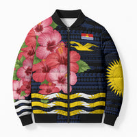 Kiribati Bomber Puffer Jacket Tropical Pink Hibiscus Flowers Polynesian Tribal TS04 Unisex Blue Black - Polynesian Pride