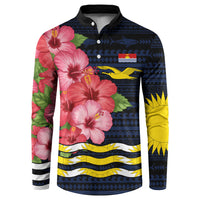 Kiribati Button Sweatshirt Tropical Pink Hibiscus Flowers Polynesian Tribal TS04 Blue Black - Polynesian Pride