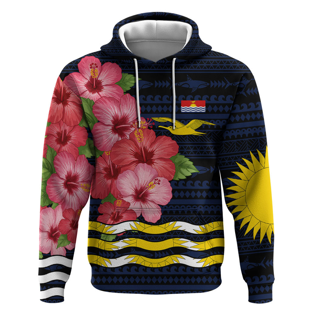 Kiribati Hoodie Tropical Pink Hibiscus Flowers Polynesian Tribal TS04 Pullover Hoodie Blue Black - Polynesian Pride