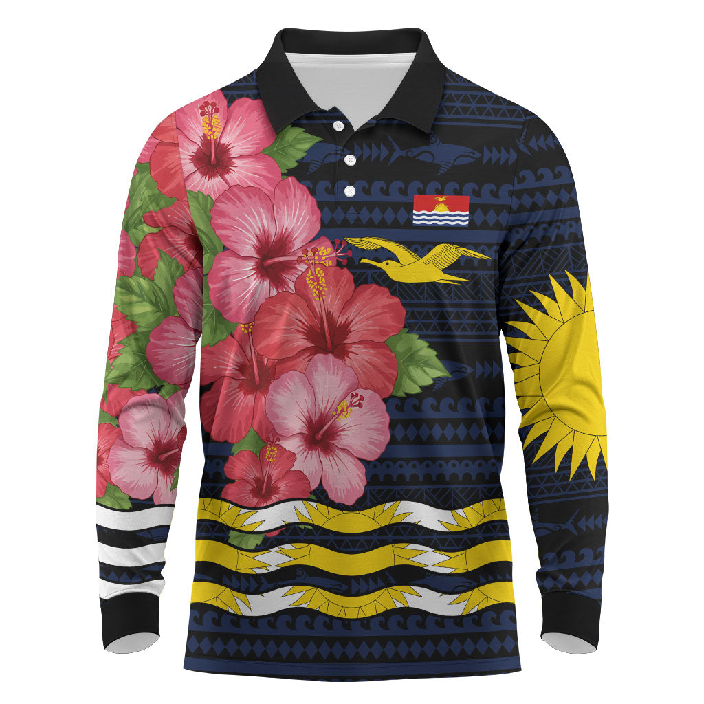 Kiribati Long Sleeve Polo Shirt Tropical Pink Hibiscus Flowers Polynesian Tribal TS04 Blue Black - Polynesian Pride