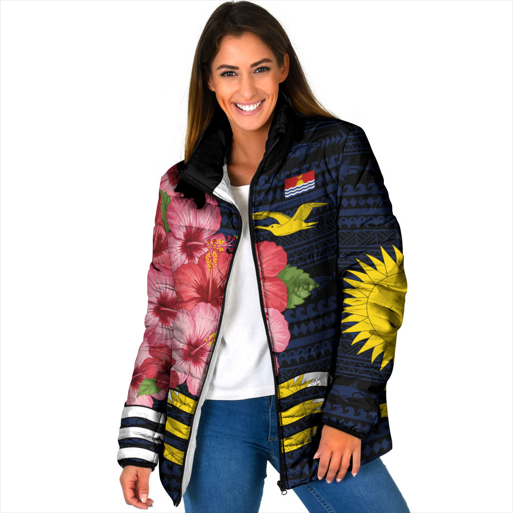 Kiribati Padded Jacket Tropical Pink Hibiscus Flowers Polynesian Tribal TS04 Women Blue Black - Polynesian Pride