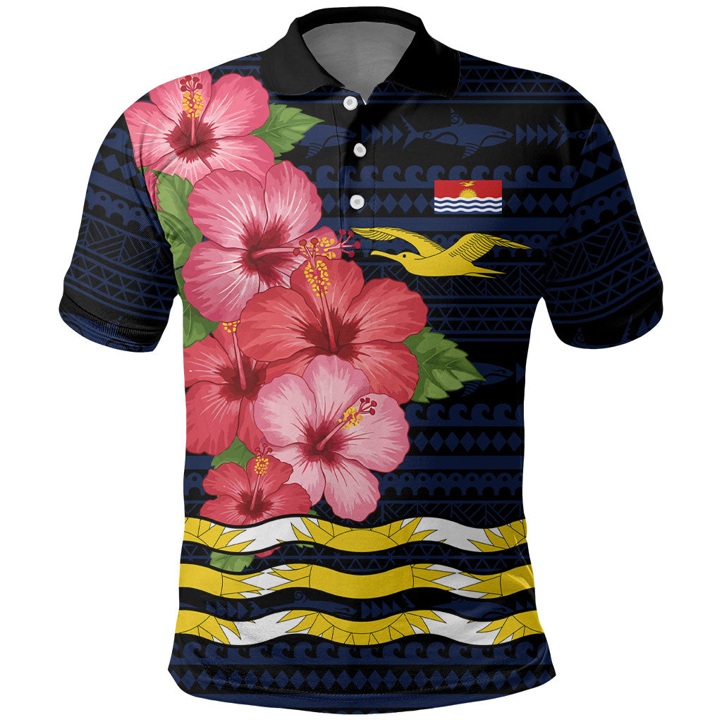 Kiribati Polo Shirt Tropical Pink Hibiscus Flowers Polynesian Tribal TS04 Blue Black - Polynesian Pride