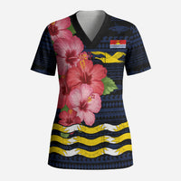 Kiribati Scrub Top Tropical Pink Hibiscus Flowers Polynesian Tribal TS04 Adult Blue Black - Polynesian Pride