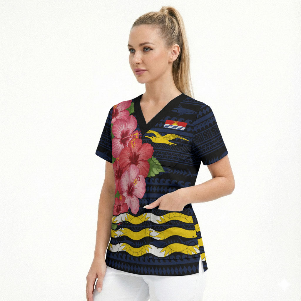Kiribati Scrub Top Tropical Pink Hibiscus Flowers Polynesian Tribal TS04 - Polynesian Pride