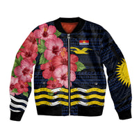 Kiribati Sleeve Zip Bomber Jacket Tropical Pink Hibiscus Flowers Polynesian Tribal TS04 Unisex Blue Black - Polynesian Pride