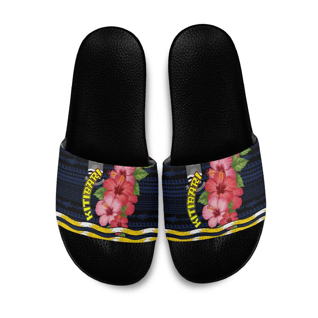 Kiribati Slide Sandals Tropical Pink Hibiscus Flowers Polynesian Tribal TS04 Blue Black - Polynesian Pride