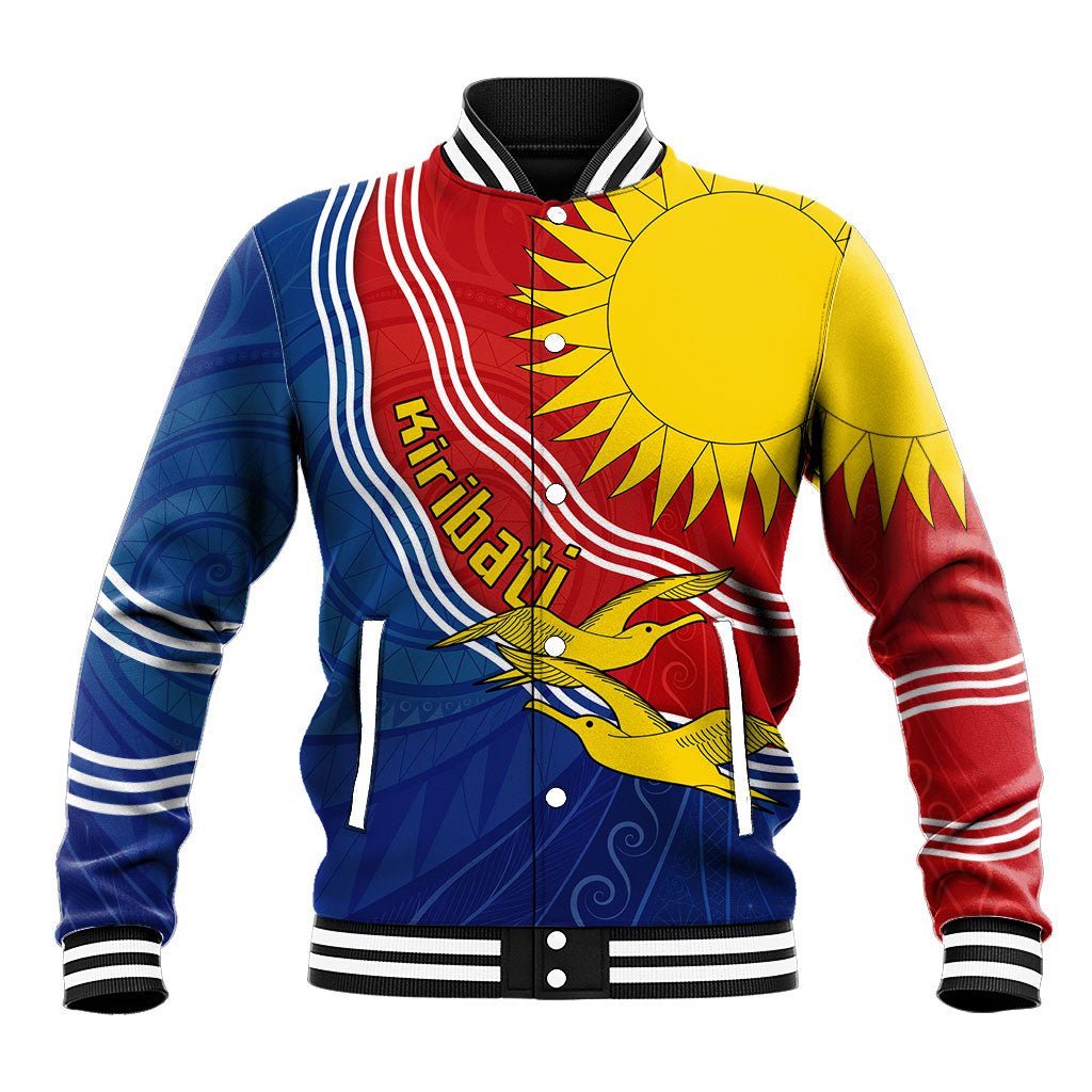 Kiribati Flag Coat Of Arms Baseball Jacket Sun Rising Frigatebird Pacific Island Tribal Pattern TS04 Unisex Red Yellow - Polynesian Pride