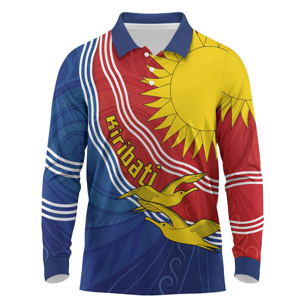 Kiribati Flag Coat Of Arms Long Sleeve Polo Shirt Sun Rising Frigatebird Pacific Island Tribal Pattern TS04 Red Yellow - Polynesian Pride
