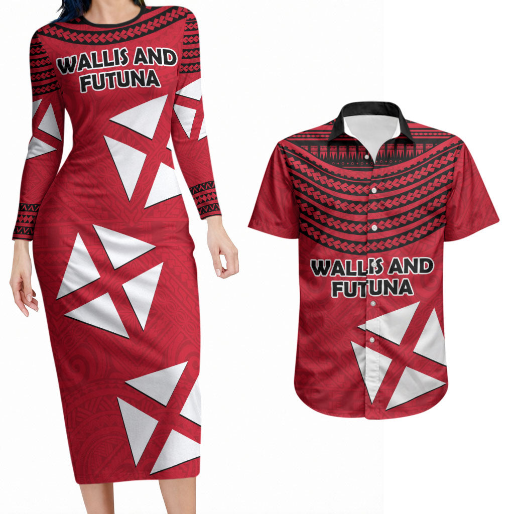 Wallis And Futuna Couples Matching Long Sleeve Bodycon Dress and Hawaiian Shirt Polynesian Tattoo Flag Map