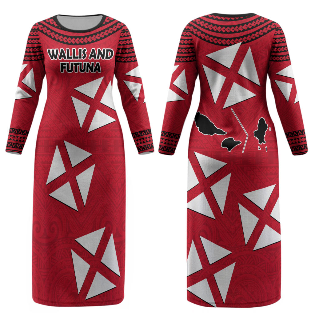 Wallis And Futuna Couples Matching Long Sleeve Bodycon Dress and Hawaiian Shirt Polynesian Tattoo Flag Map