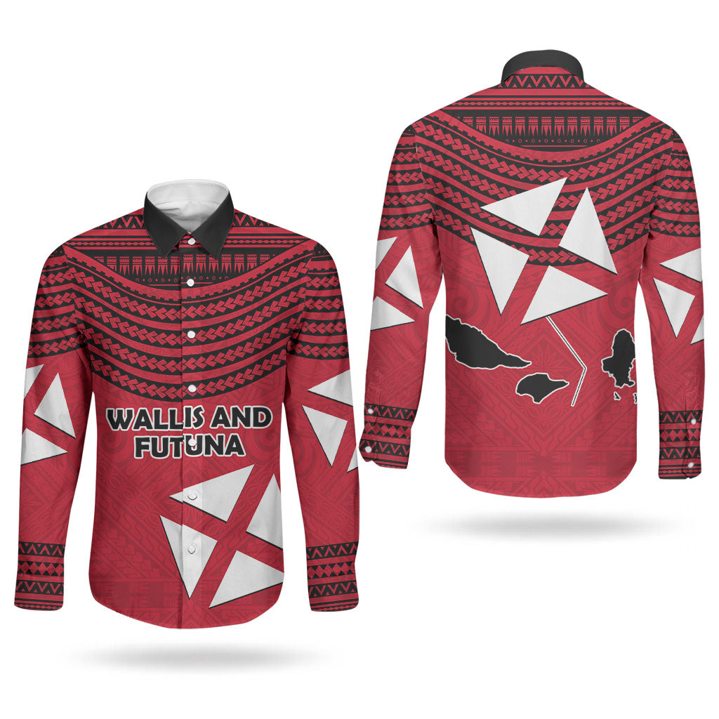 Wallis And Futuna Couples Matching Long Sleeve Bodycon Dress and Long Sleeve Button Shirt Polynesian Tattoo Flag Map