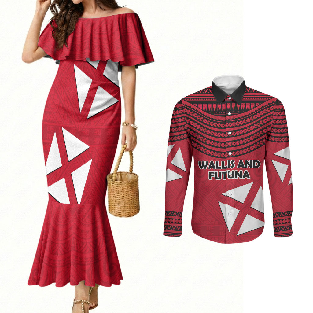 Wallis And Futuna Couples Matching Mermaid Dress and Long Sleeve Button Shirt Polynesian Tattoo Flag Map