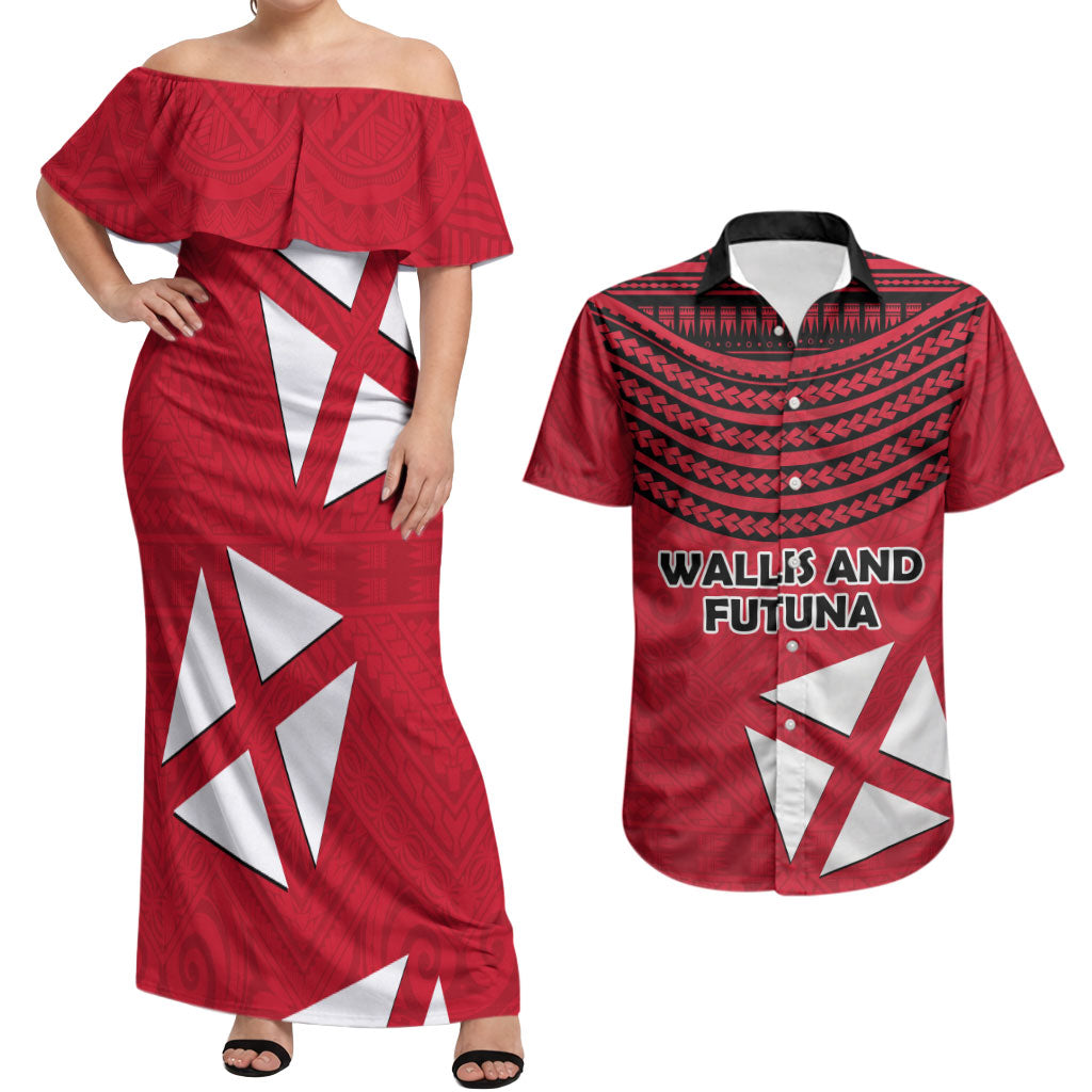 Wallis And Futuna Couples Matching Off Shoulder Maxi Dress and Hawaiian Shirt Polynesian Tattoo Flag Map