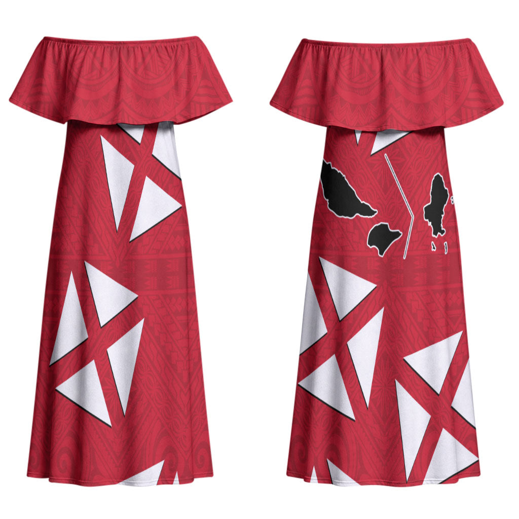 Wallis And Futuna Couples Matching Off Shoulder Maxi Dress and Long Sleeve Button Shirt Polynesian Tattoo Flag Map