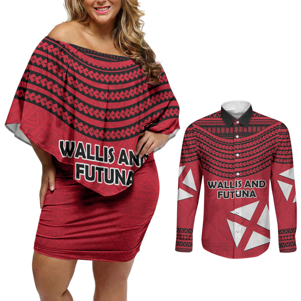 Wallis And Futuna Couples Matching Off Shoulder Short Dress and Long Sleeve Button Shirt Polynesian Tattoo Flag Map