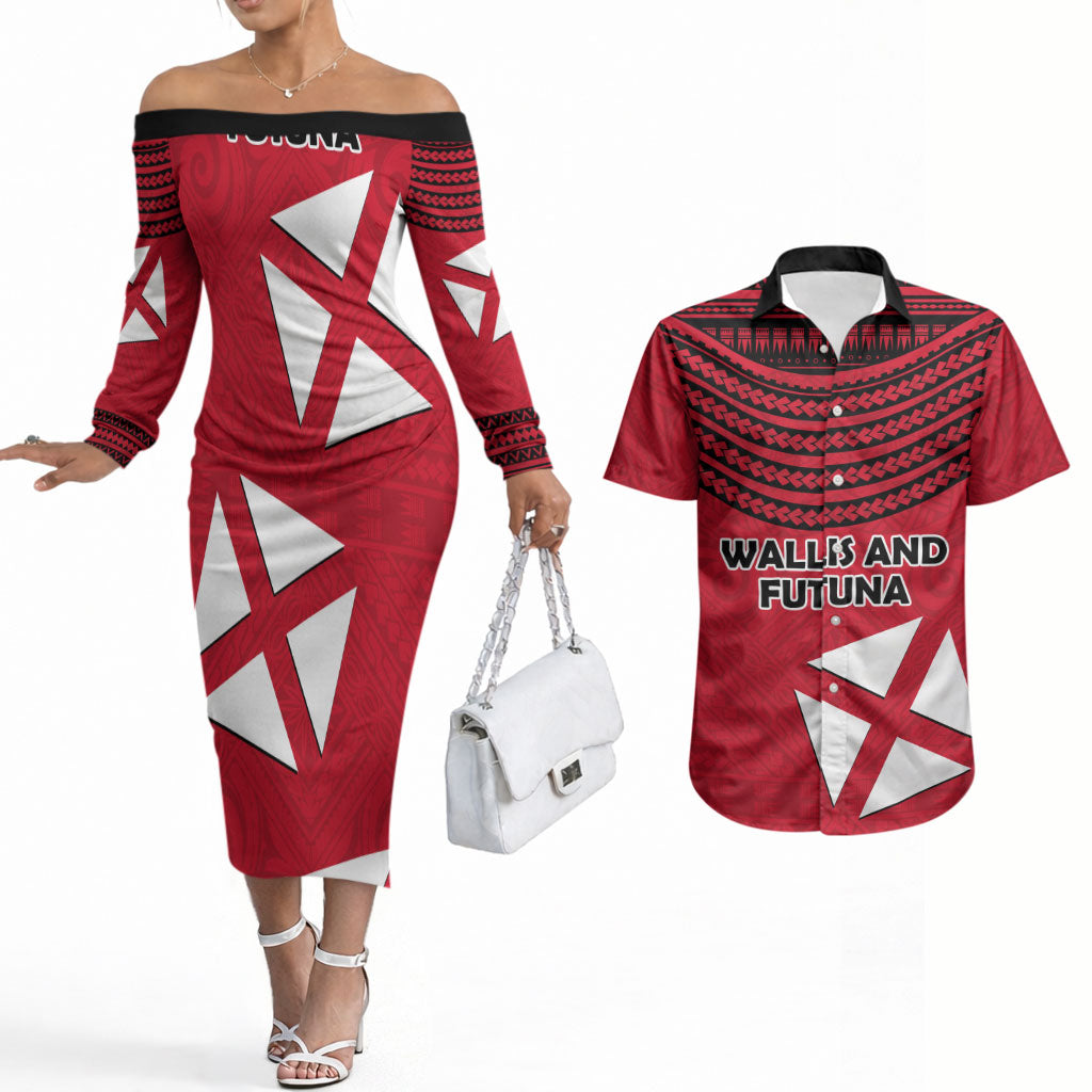 Wallis And Futuna Couples Matching Off The Shoulder Long Sleeve Dress and Hawaiian Shirt Polynesian Tattoo Flag Map