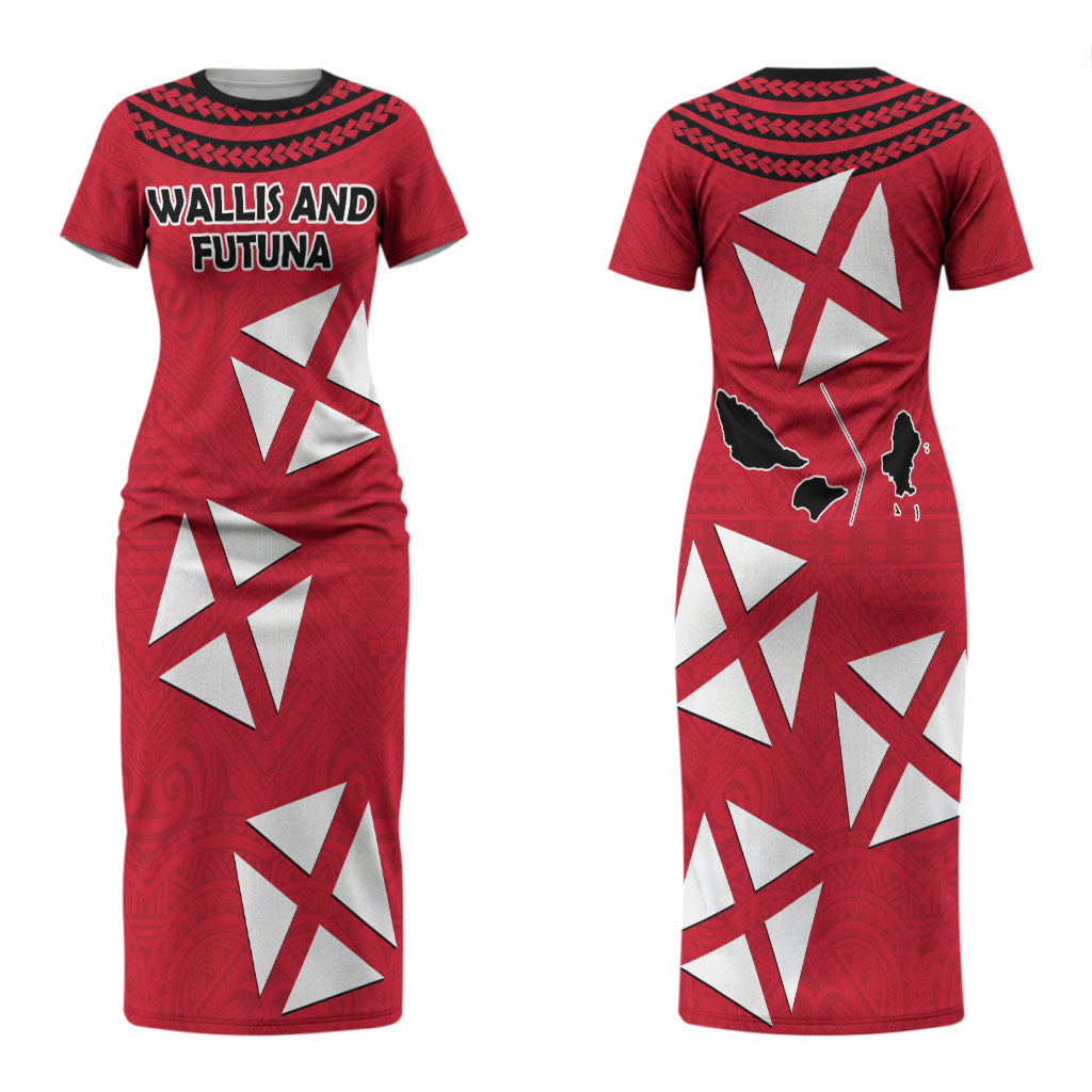 Wallis And Futuna Couples Matching Short Sleeve Bodycon Dress and Hawaiian Shirt Polynesian Tattoo Flag Map