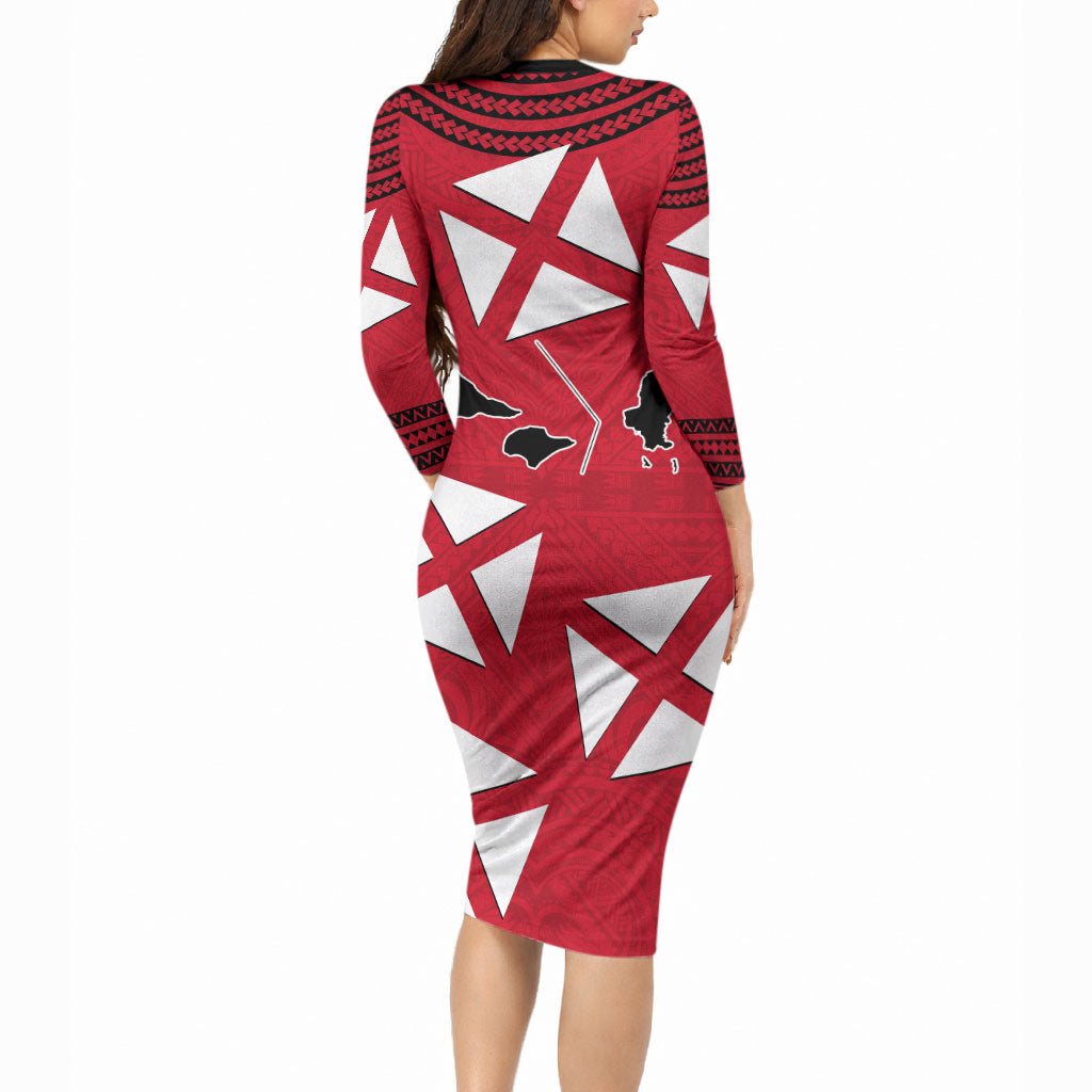 Wallis And Futuna Long Sleeve Bodycon Dress Polynesian Tattoo Flag Map