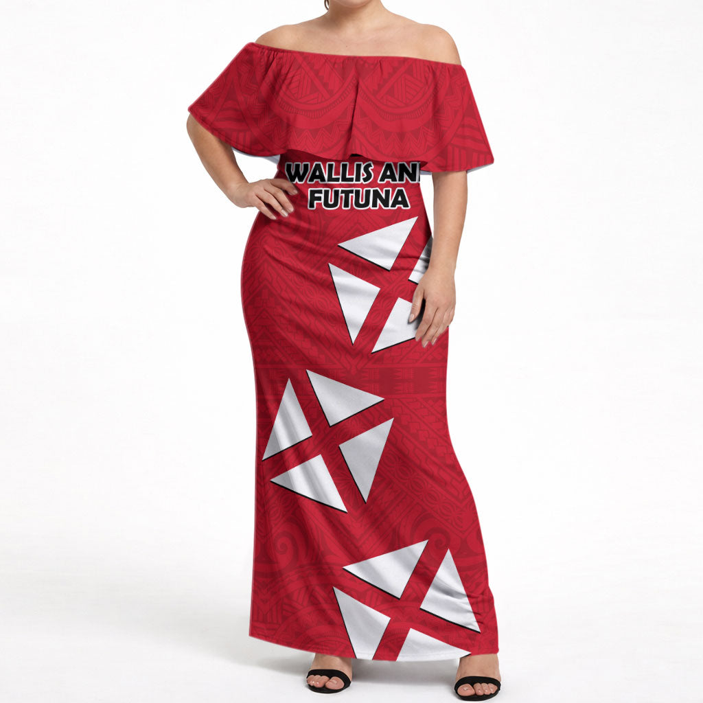 Wallis And Futuna Off Shoulder Maxi Dress Polynesian Tattoo Flag Map
