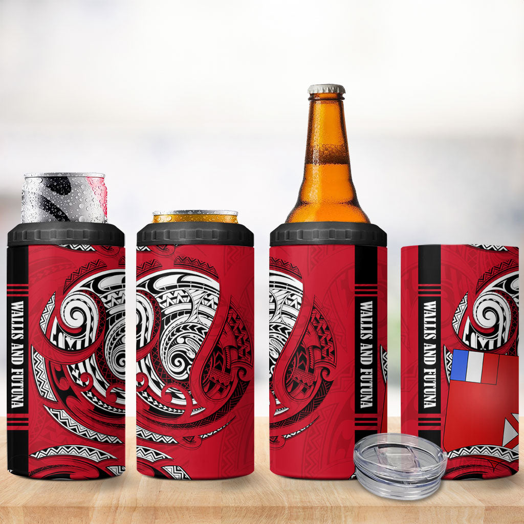 Wallis And Futuna 4 in 1 Can Cooler Tumbler Tribal Polynesian Tattoo Flag Motif