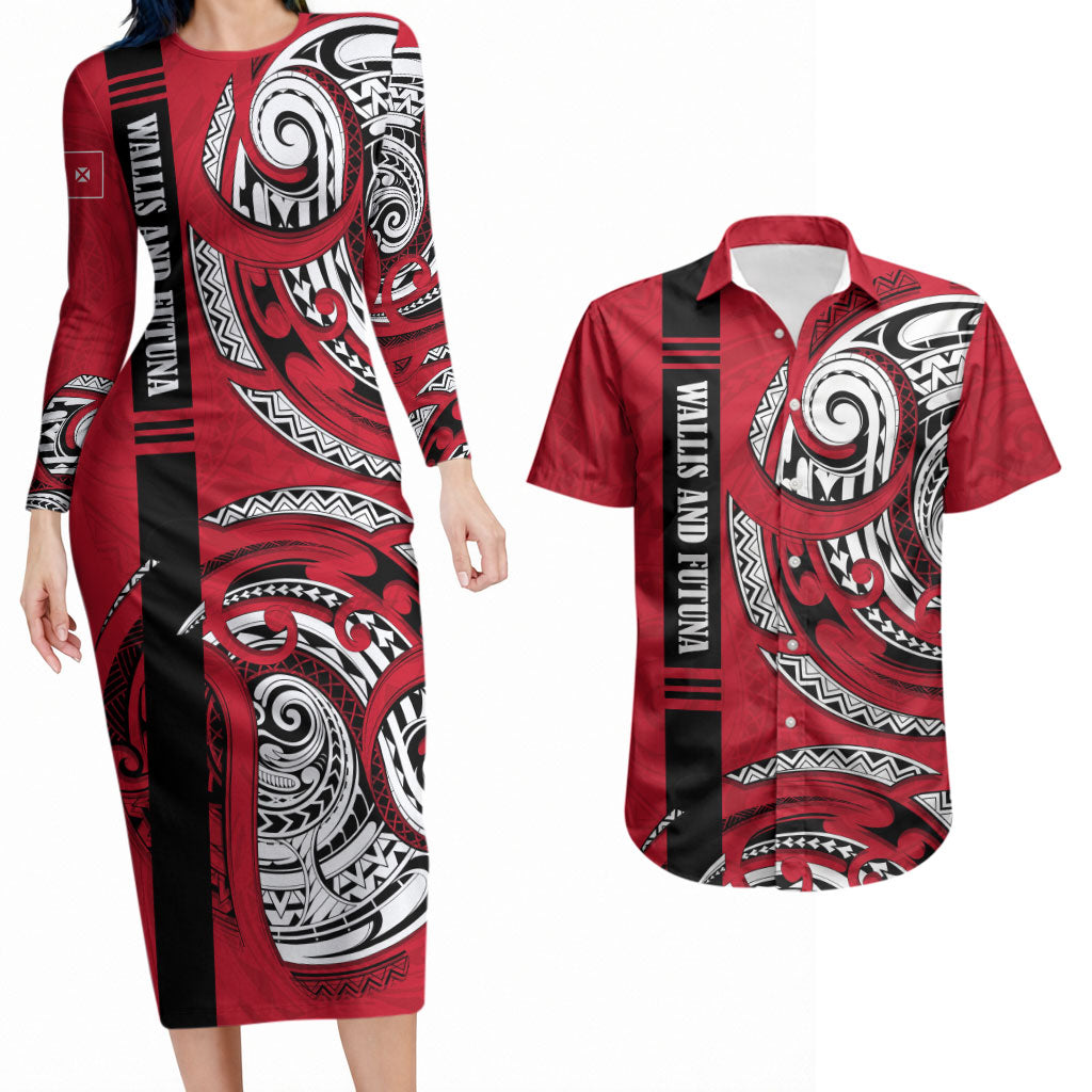 Wallis And Futuna Couples Matching Long Sleeve Bodycon Dress and Hawaiian Shirt Tribal Polynesian Tattoo Flag Motif TS04 Red Black - Polynesian Pride