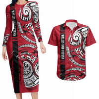 Wallis And Futuna Couples Matching Long Sleeve Bodycon Dress and Hawaiian Shirt Tribal Polynesian Tattoo Flag Motif