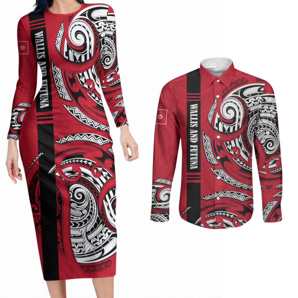 Wallis And Futuna Couples Matching Long Sleeve Bodycon Dress and Long Sleeve Button Shirt Tribal Polynesian Tattoo Flag Motif