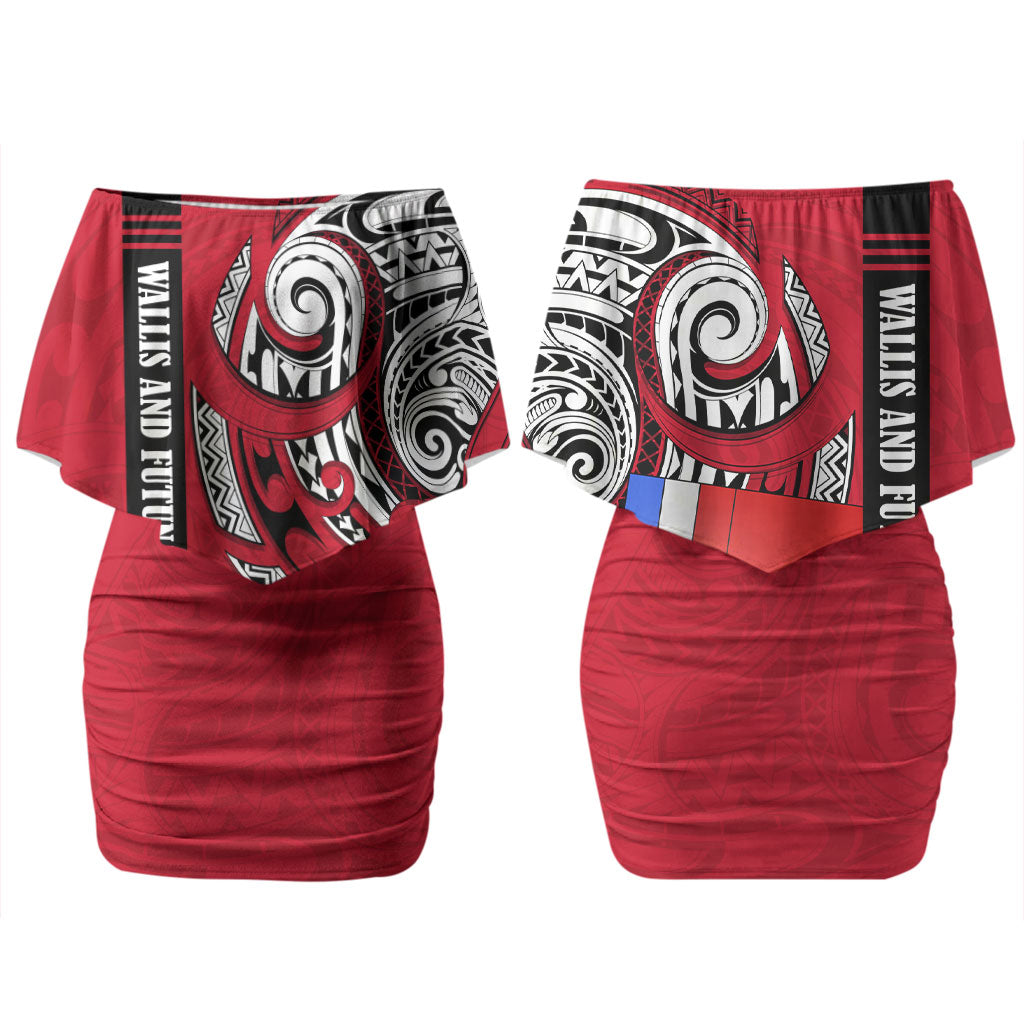 Wallis And Futuna Couples Matching Off Shoulder Short Dress and Hawaiian Shirt Tribal Polynesian Tattoo Flag Motif