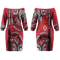 Wallis And Futuna Couples Matching Off The Shoulder Long Sleeve Dress and Hawaiian Shirt Tribal Polynesian Tattoo Flag Motif