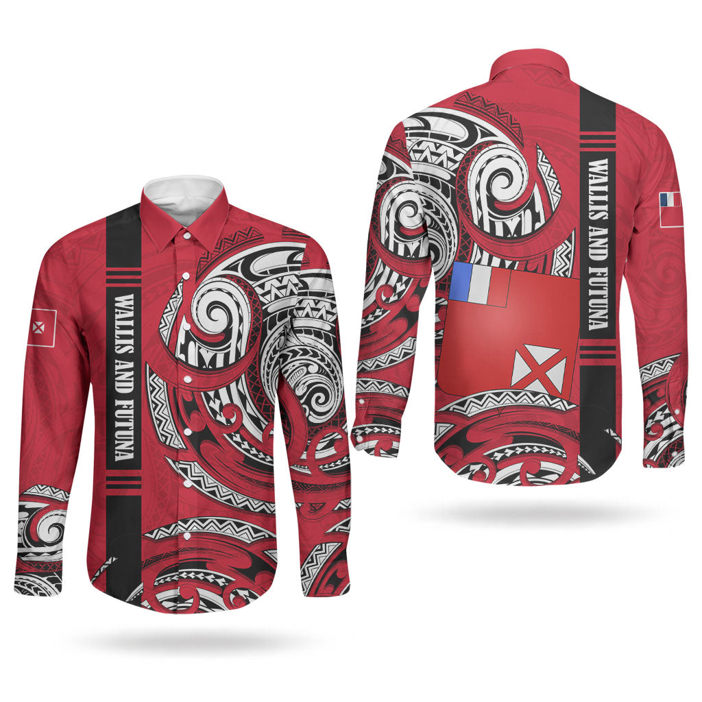 Wallis And Futuna Couples Matching Off The Shoulder Long Sleeve Dress and Long Sleeve Button Shirt Tribal Polynesian Tattoo Flag Motif