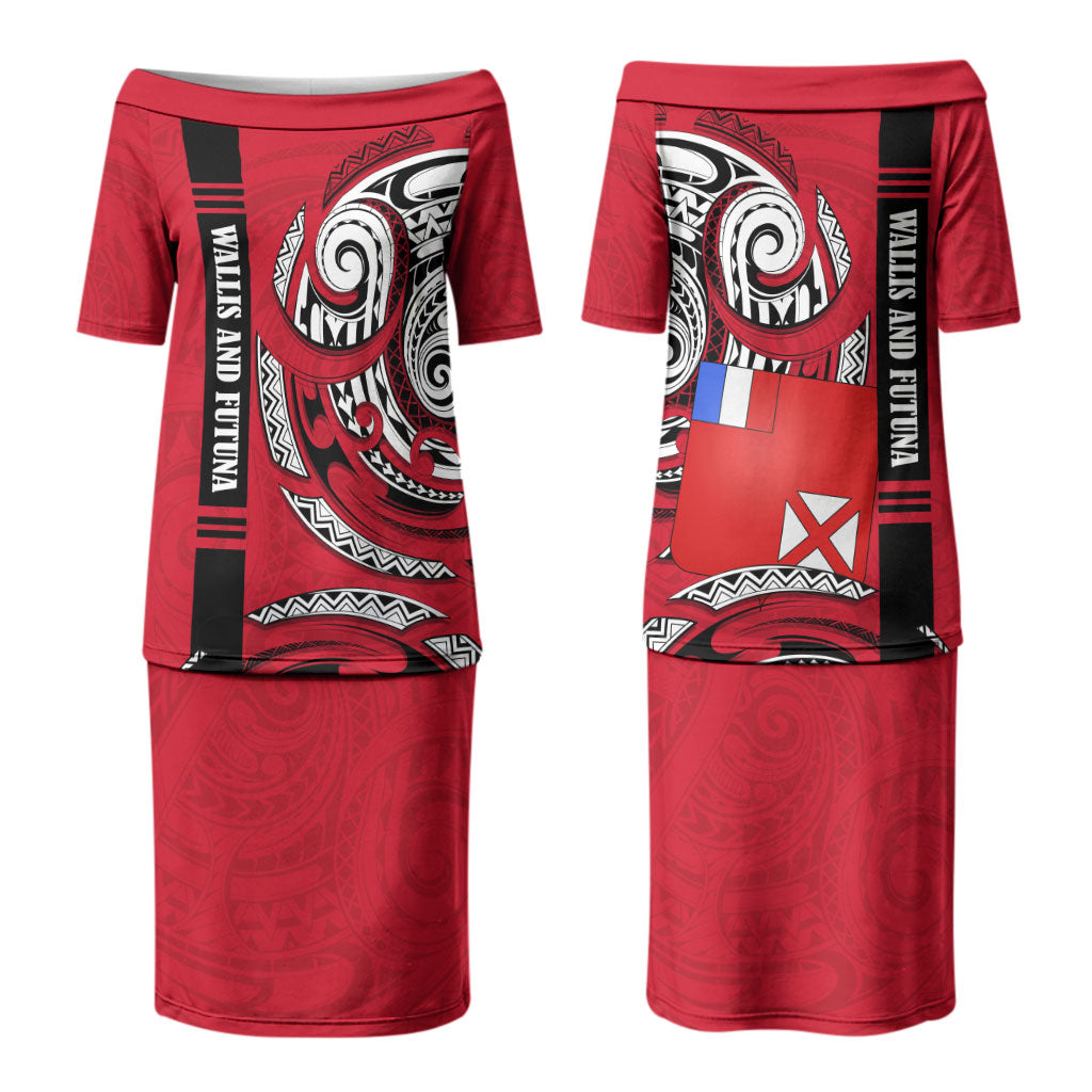 Wallis And Futuna Couples Matching Puletasi and Long Sleeve Button Shirt Tribal Polynesian Tattoo Flag Motif